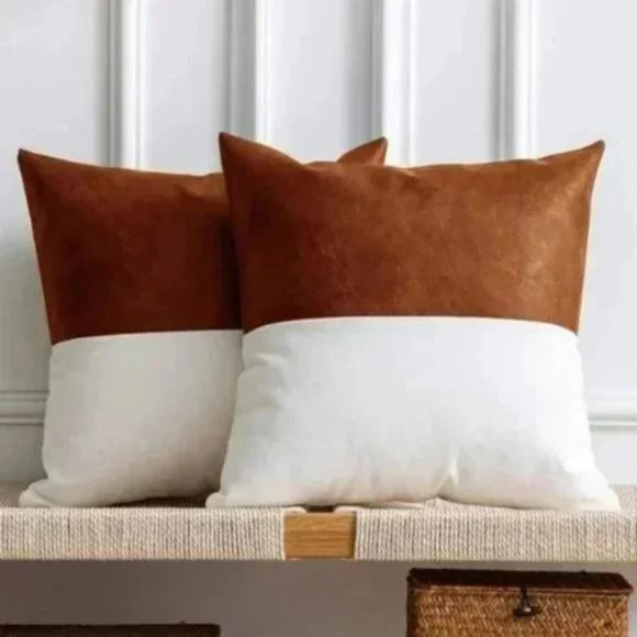 URBAN OUTFITTERS 20x20 IN Set of 2 Faux Leather Throw Pillow Covers(WhiteBrown)
